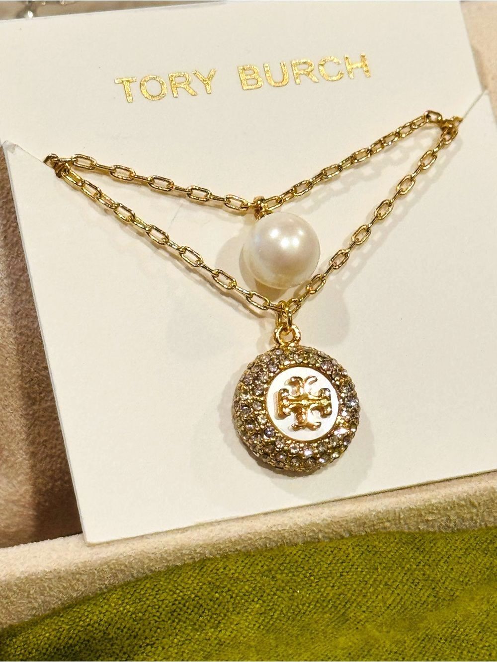 Tory Burch Gold-Tone Double Layer Pearl and Crystal Logo Necklace NWT